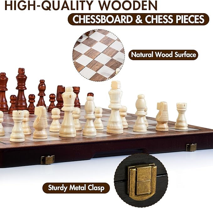 2 in 1 Magnetic Wooden Chess Set & Checkers Board Game, 15’’ Folding Chess Board with Pieces Storage Slots, 2 Extra Queens, Portable Travel Chess Set for Kids Adults Beginner Age 3+