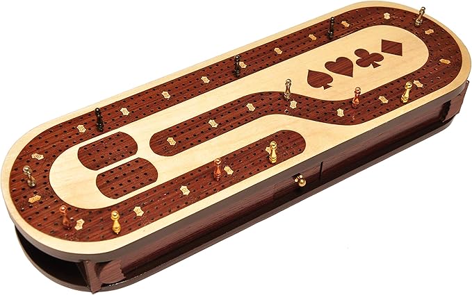 PALM ROYAL HANDICRAFTS 4 Track Wooden Cribbage Board Set Inlaid in Rose Wood and Maple Wood with pegs and Cards. Storage Available. 4 Player Cribbage Board (15 x 5 Inches)