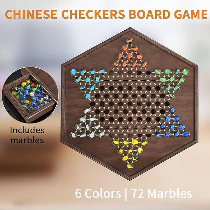 Chinese Checkers Set, 13 Inch Wooden Checkers Board Game with 60+12 Colorful Glass Marbles Fun Family Chinese Checkers Game for 2-6 Players