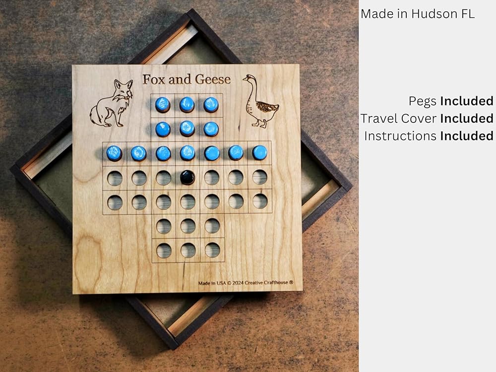 Handcrafted Fox and Geese Game Board Set - 6" x 6" with Wood Travel Cover - Classic Strategy Game for All Ages - Inspired by Centuries of Tradition