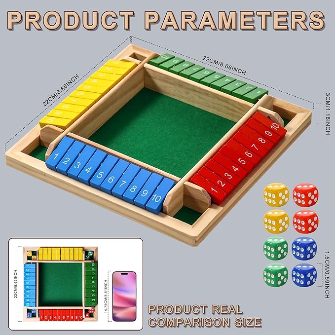 Dice Game Shut The Box Wooden Board Game,4 Sided Family Math Game for 2-4 Players,Educational Learning Interactive Game, Classics Tabletop Version Games for Classroom, Party, or Pub