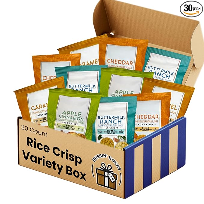 Rice Crisps Variety Pack – Multi-Grain Snack Bags Assortment – 30 Count Healthy, Low Calorie Snack Box for Adults and Kids Assembled by Bussin Boxes