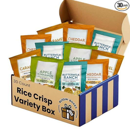 Rice Crisps Variety Pack – Multi-Grain Snack Bags Assortment – 30 Count Healthy, Low Calorie Snack Box for Adults and Kids Assembled by Bussin Boxes