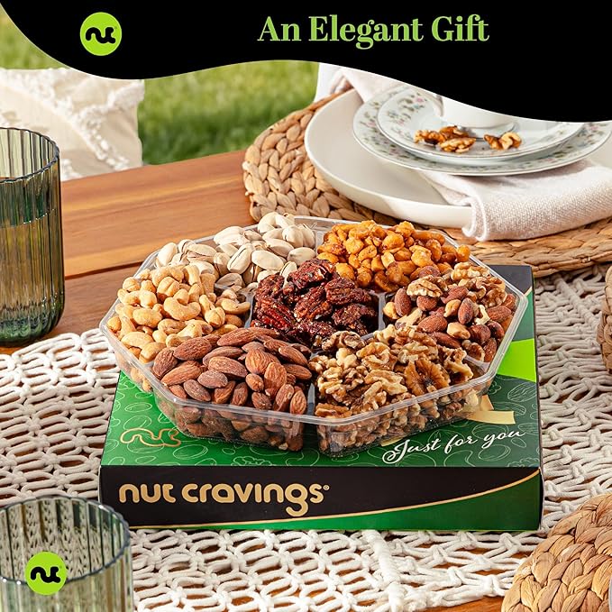 NUT CRAVINGS - Mixed Nuts Gift Basket in Green Gold Box (7 Assortments, 2 LB) Food Arrangement, Healthy Snack Care Package, Kosher