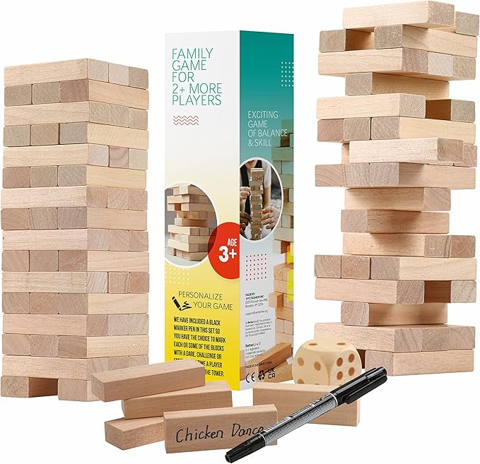 BETTERLINE Wooden Tower Stacking Blocks Game - 48 Pieces - Tumbling Tower Toy for Kids & Adults - Classic Family Game