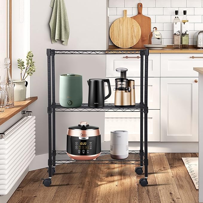 BestOffice 3-Tier Adjustable Wire Shelving Storage Shelves Heavy Duty Shelving Unit with Wheels for Small Places Kitchen Garage Balcony,Black