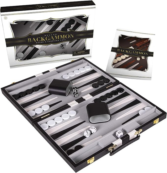 Backgammon Set 15 inch, Medium - Classic Board Game for Adults and Kids with Premium Leather Case - Includes Strategy & Tip Guide (Black)