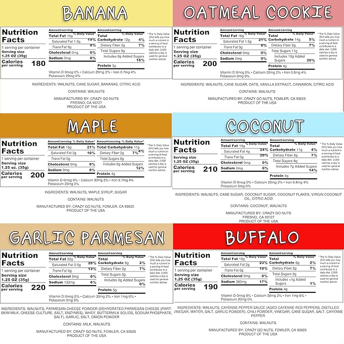 Crazy Go Nuts Walnuts Sampler (Banana, Buffalo, Coconut, Garlic Parmesan, Maple, Oatmeal Cookie) - Glazed Walnuts, Gluten Free, Superfood, Natural, Omega 3 Fatty Acids, and Antioxidants - 6-Pack