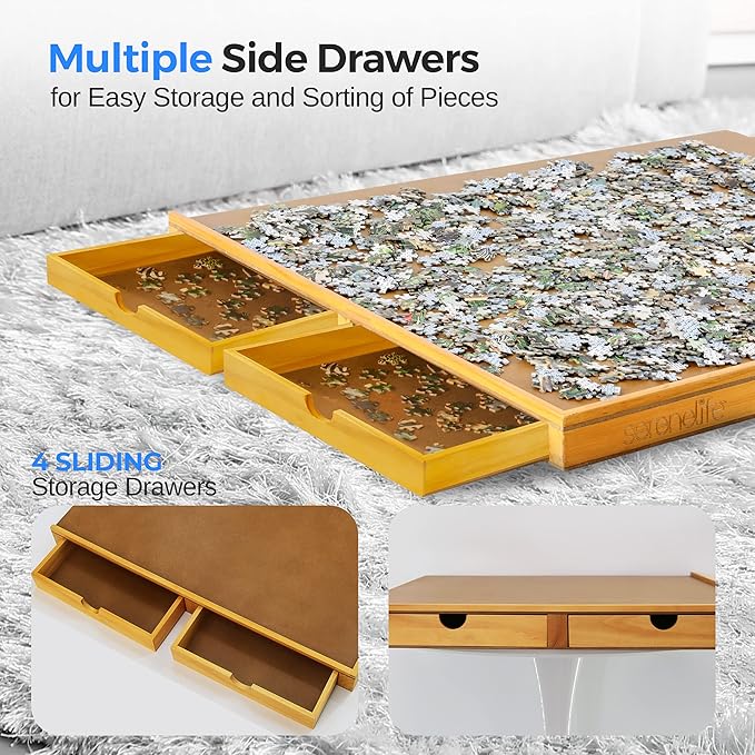 SereneLife 1500-Piece Portable Jigsaw Puzzle Board, Puzzle Table with 4 Storage Drawers, Detachable Puzzle Keeper & Smooth Non-Slip Surface, Wooden Puzzle Caddy for Family Games