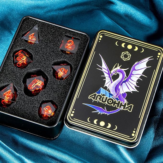 ARUOHHA DND Resin Dice Gazes Eye Dice Liquid Core Flaming RPG Sharp Edged Dice Set with Gift Box, Polyhedral D and D Dice Set Compatible with Dungeons Dragons Role Playing Game D20 D12 D10 D8 D6
