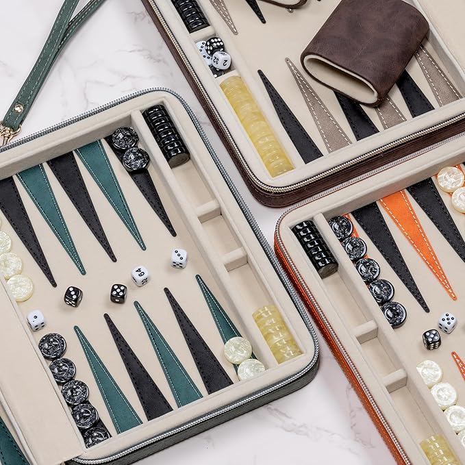 Backgammon Sets for Adults, Classic Board Game with Folding Leather Backgammon Case, Portable Travel Backgammon Game Set (Orange)