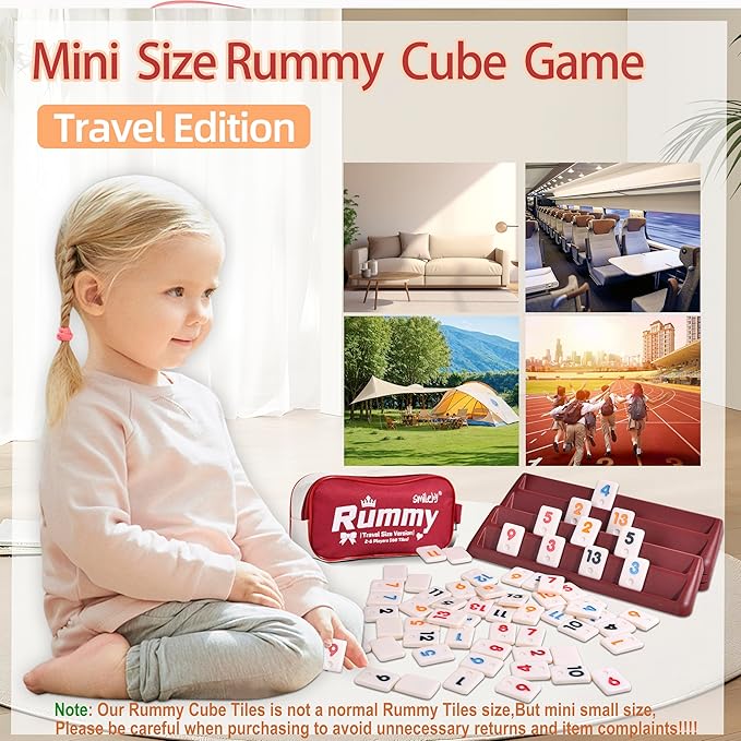 Mini Rummy Cube Six Player Edition, Travel Rummy Game Set with Portable Canvas Bag,Classic Board Game for Adults and Kids |160 Tiles|6 Playing Racks|1 Dice (2-6 Player)