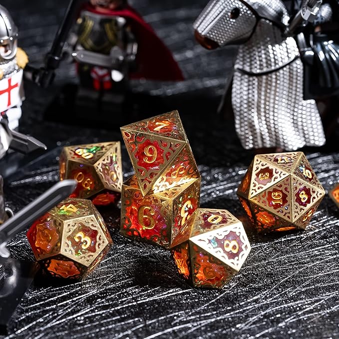 Cusdie 7-Piece Metal Frame Sharp Edges DND Dice Set with Metal Frame- Perfect for Tabletop RPGs Board Games Gifting and Collecting(Red and Yellow)