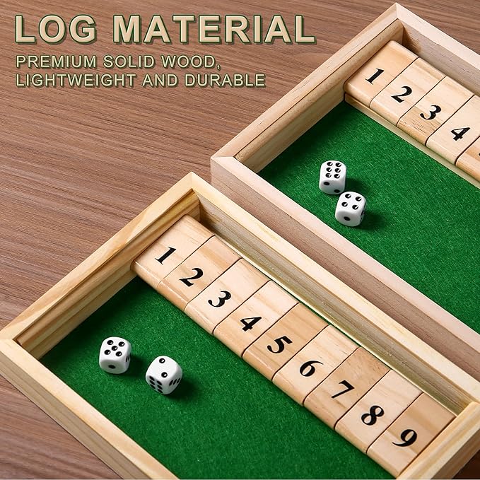 Shut The Box dice Game,Wooden Board Games 2-Person Competitive, Traditional bar, Travel, Family, Fun Math(Large Size)