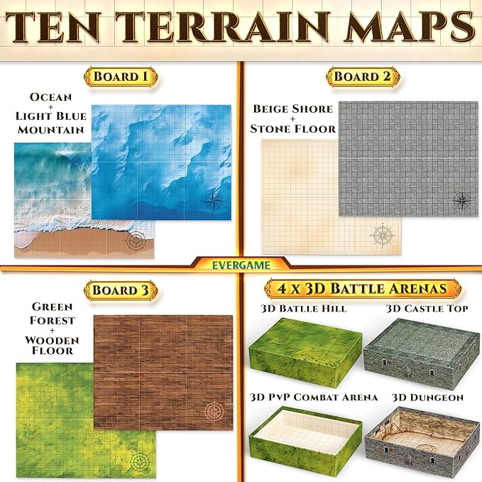 10 DND Game Mats and a lot More - Includes 6 Dungeons & Dragons Board Game Battle Maps (1" Square Grid), Huge Size 22x26-4 3D Battle Arenas, 140+ Reusable Stickers, 4 Markers & Eraser, by EverGame