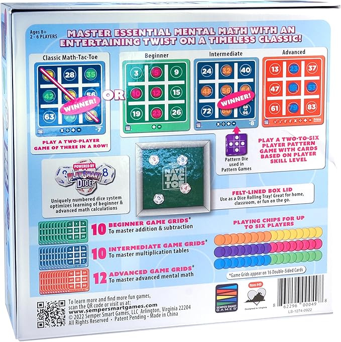 PlaySmart Dice Math-Tac-Toe Math Game: Get Sharp on Mental Math with a Fun New Twist on a Timeless Classic! Multiple Skill-leveled Math Bingo Made Fun for 8 and up!