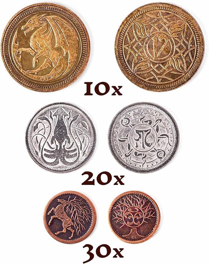 The Dragon's Hoard: 60 Real Metal Fantasy Coins with Leather Pouch | Board Game Accessory for Tabletop RPG Role-Play Strategy Games | Bronze, Silver, and Gold Colored Coins