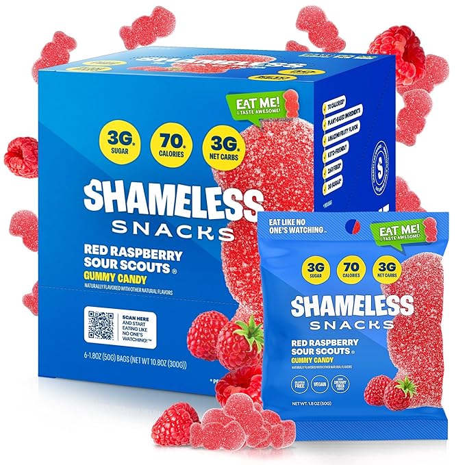 Shameless Snacks - Healthy Low Calorie Snacks, Low Carb Keto Gummies (Gluten Free Candy) - 6 Pack Red Raspberry Sour Scouts