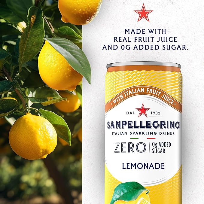 Sanpellegrino Zero Grams Added Sugar Lemonade Italian Sparkling Drink, 24-Pack Of 11.15 Fl Oz Cans, Sanpellegrino Italian Sparkling Drinks, Low-Calorie Sparkling Juice Beverages