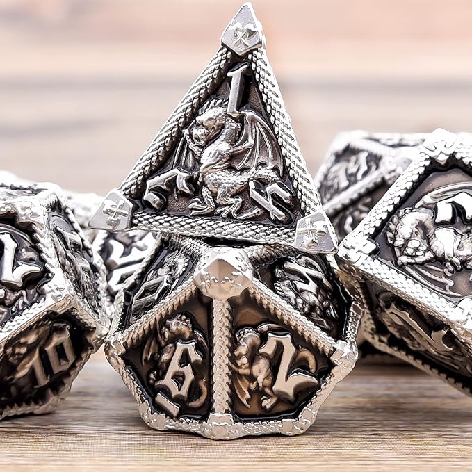 AUSTOR 7-Die Metal DND Dice Set Dungeons and Dragons Polyhedral Roll Playing Dice with Box D20 D12 D10 D% D8 D6 D4 for Pathfinder MTG RPG Board Games