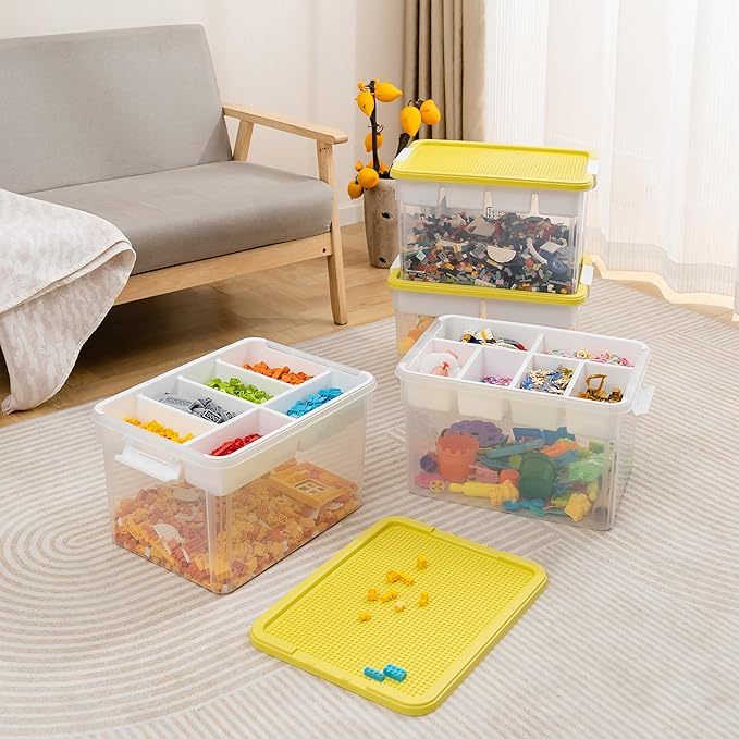Citylife 32 QT Plastic Storage Box with Removable Tray Craft Organizers and Storage Clear Storage Container for Organizing Bead, Tool, Sewing, Playdoh, 4 Packs-Yellow