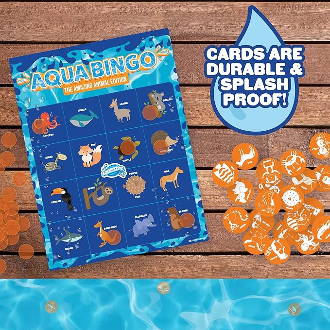 Pool Bingo Diving Game for Kids - Summer Party Fun Edition - Dive & Call 30 Sinking Animal Themed "Numbers", Fill Your Card- 150 Marker Chips &16 Double Sided Waterproof Play Cards & Bag, Gift