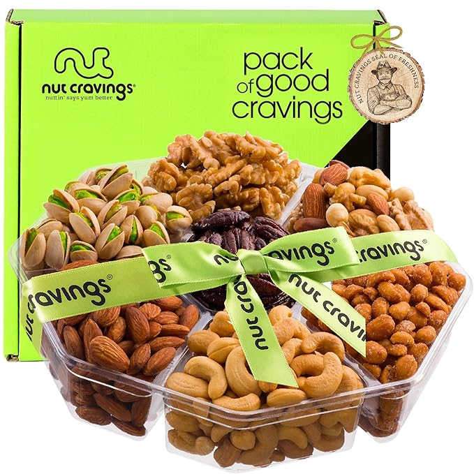 NUT CRAVINGS - Mixed Nuts Gift Basket + Green Ribbon (7 Assortments, 2.2 LB) Food Arrangement, Healthy Snack Care Package, Kosher