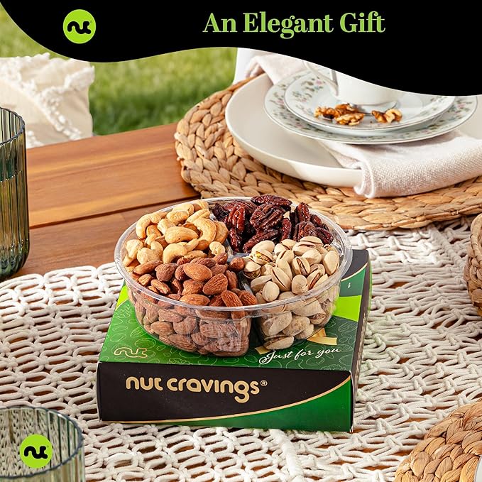 NUT CRAVINGS - Mixed Nuts Gift Basket in Green Gold Box (4 Assortments) Food Arrangement, Healthy Snack Care Package, Kosher