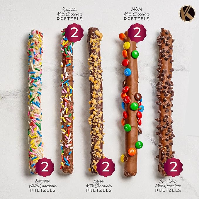 KREMERY Creamy Chocolate Cravings - Chocolate Covered Pretzel Rods Gift Basket, in Confetti Tower (10 Pretzels, Assorted Sweet Toppings) Food Arrangement, Kosher Dairy, USA Made