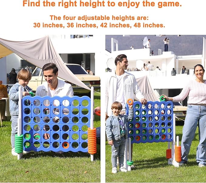 Giant 4 Connect in a Row Game, Height Adjustable Jumbo Yard Games for Kids and Adults Outdoor Play, Backyard Large Four Connect Floor Games, Patent Authorized (Blue/White)
