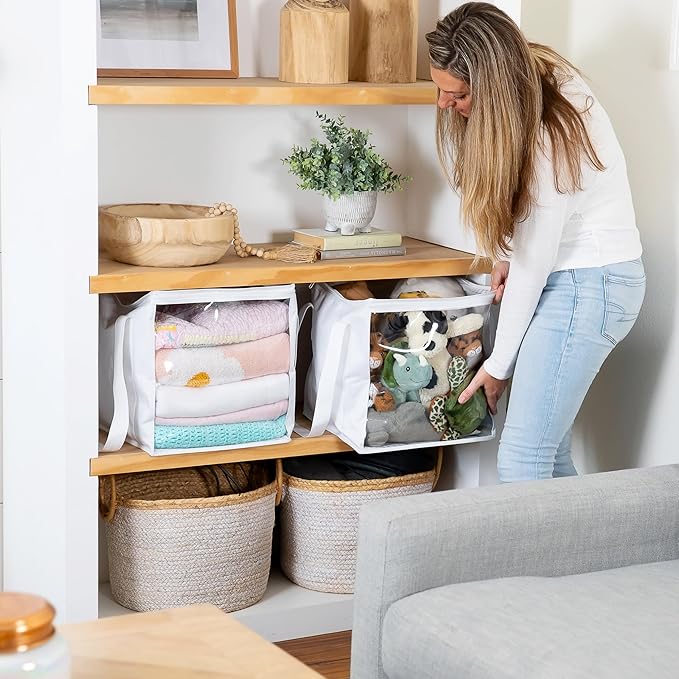 2 Pack Extra Large Toy Storage Clear Bags with Zipper 14"x14"x14" Clear Plastic Bins with Handle, Toy Organizer for Kids playroom, Blocks, Clothes, Stuffed Animal Storage