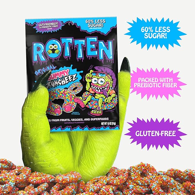Rotten Original Gummy Cruncheez - Low Sugar, Low Calorie, 5g Gut-Friendly Prebiotic Fiber, Gluten Free Candy, No Artificial Dyes - 1.8 oz - 8-Pack