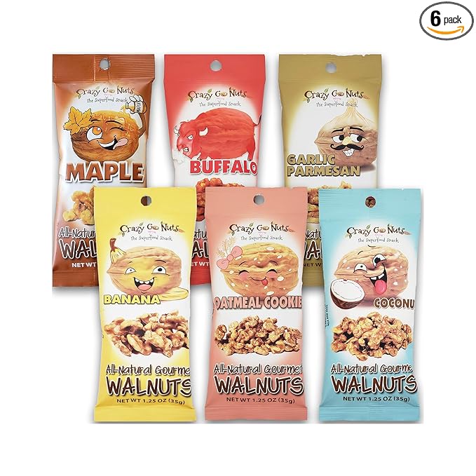 Crazy Go Nuts Walnuts Sampler (Banana, Buffalo, Coconut, Garlic Parmesan, Maple, Oatmeal Cookie) - Glazed Walnuts, Gluten Free, Superfood, Natural, Omega 3 Fatty Acids, and Antioxidants - 6-Pack