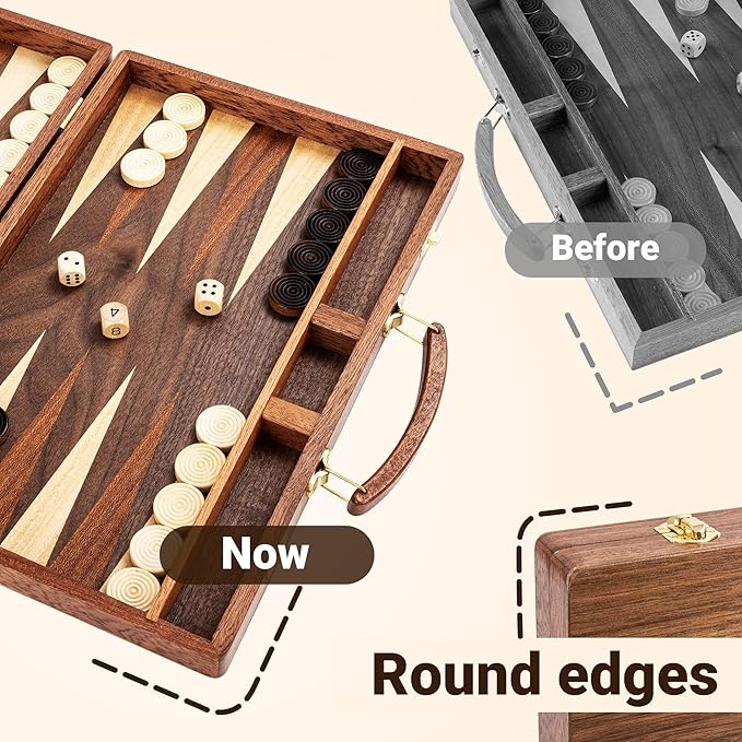 ropoda Sapele Wood Backgammon Board Game Set (15 Inches) for Adults and Kids - Classic Board Strategy Game - Portable and Travel Backgammon Set with Wooden Playing Pieces and Accessories