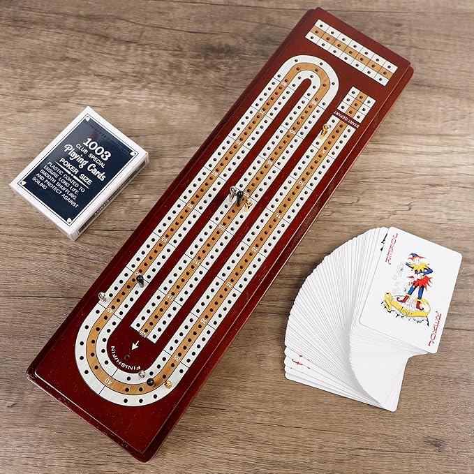 Juegoal Upgrade Wood Cribbage Board Game Set, Solid Wooden Continuous 3 Track Board with Larger Storage Area, 9 Metal Pegs and 2 Decks of Playing Cards, Travel Portable Cribbage Game Sets