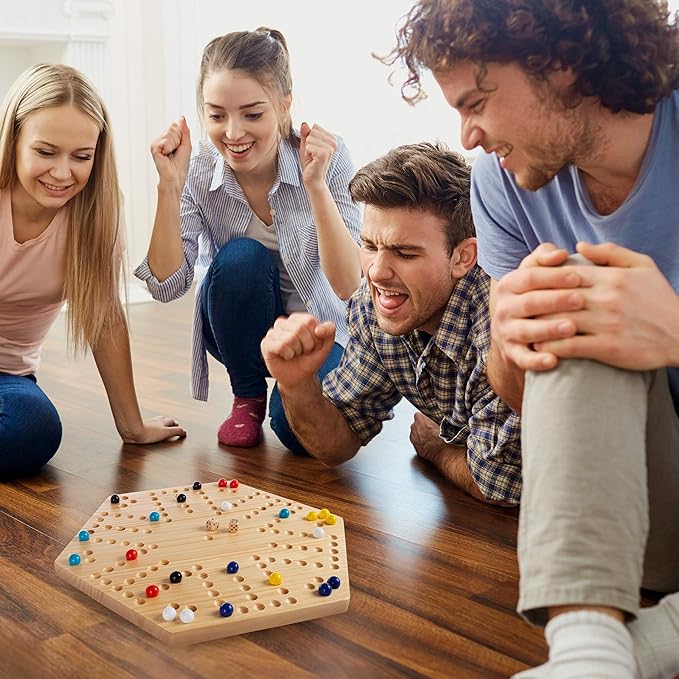 Hey! Play! Classic Wooden Strategic Thinking Game-Complete Set with Board, 24 Colored Marbles, 2 Dice-Fun Vintage 6-Player Game for Kids and Adults