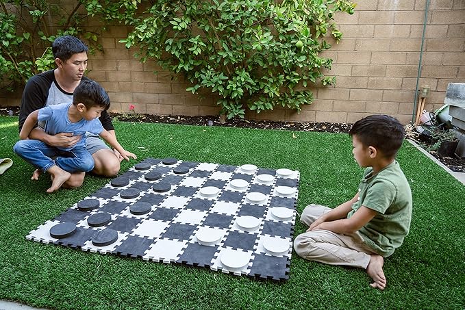 SWOOC Games - 2-in-1 Premium Giant Checkers & Tic Tac Toe Game (4ft x 4ft) - 100% High Density EVA Foam Mat & Pieces - Extra Large Checkers Set with Jumbo Checkerboard and Yard Size Tic Tac Toss