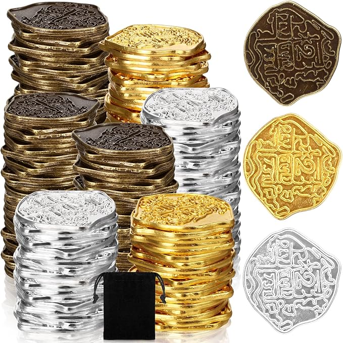 Hanaive 100 Pcs Metal Pirate Coins Treasure Chest Spanish Doubloon Fake Coins Tokens for Kids Board Games Pirate Party Cosplay (Novelty Style)