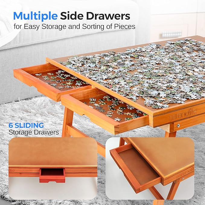 SereneLife Wooden Jigsaw Puzzle Table with 6 Removable Sliding Storage Drawers and Foldable Legs, Smooth Plateau Fiberboard Work Surface and Reinforced Hardwood, for Games and Puzzles, Kids&Adults