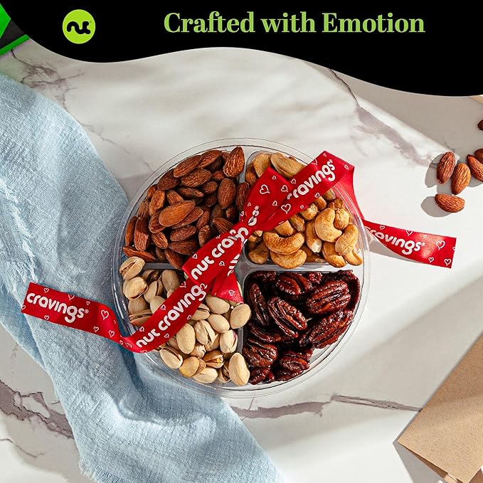 NUT CRAVINGS - Mixed Nuts Gift Basket + Heart Ribbon (4 Assortments) Food Arrangement, Healthy Snack Care Package, Kosher