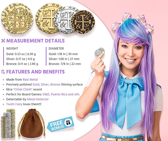 Large Pirate Coins - 102 Bronze, Silver & Gold Treasure Coin Set - Metal Replica Spanish Doubloons for Board Games, Tokens, Cosplay, Realistic Money Imitation, Pirate Treasure Chest - M, L, XL Sizes