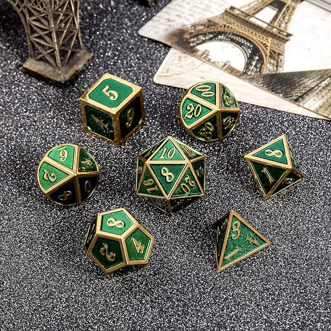Metal Dice Set D&D, DNDND 7 Die Green DND Dice with Metal Case for Dungeons and Dragons Role Playing Game and Tabletop Games (Gold Number with Enamel Green)