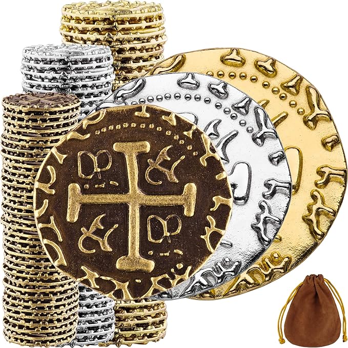 Large Pirate Coins - 102 Bronze, Silver & Gold Treasure Coin Set - Metal Replica Spanish Doubloons for Board Games, Tokens, Cosplay, Realistic Money Imitation, Pirate Treasure Chest - M, L, XL Sizes