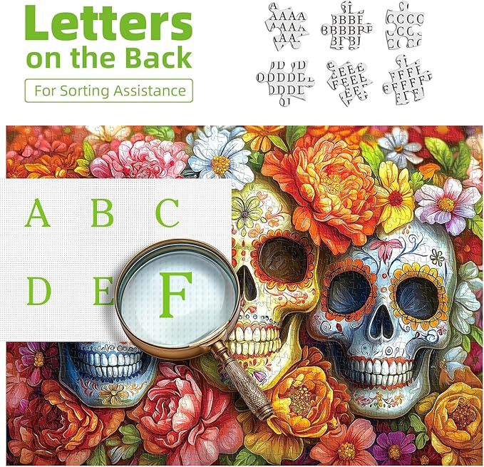 Halloween Sugar Skulls Floral 1000 Piece Jigsaw Puzzle for Adults Colorful Day of The Dead Challenging Mexican Folk Art Puzzle for Game Night Unique Gift for Puzzle Lovers (27x20 Inches)
