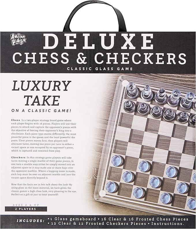 Glass Chess and Checkers Set - Premium Glass Game Kit - Includes 1 Glass Board with 32 Clear and Frosted Checkers Pieces & 32 Clear and Frosted Chess Pieces - Great for Ages 6+