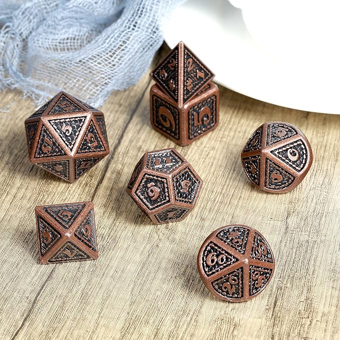 DNDND Metal Dice Set Dragon Scale 7 PCS Polyhedral Metallic Die with Gift Metal Case for DND Dungeons and Dragons D&D (Ancient Copper)