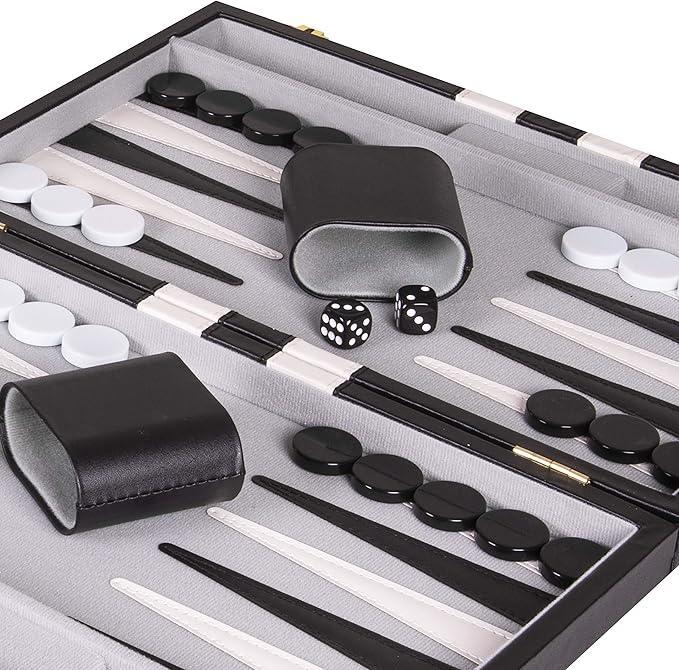 Backgammon Set 15 inch, Medium - Classic Board Game for Adults and Kids with Premium Leather Case - Includes Strategy & Tip Guide (Black)