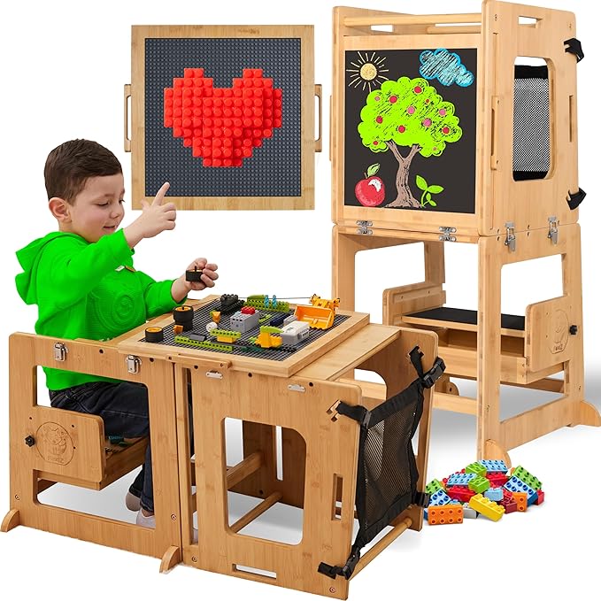 Montessori Inspired Bamboo 4 in 1 Convertible Toddler Tower with Storage and Safety Net, Foldable Learning Standing Tower, Activity Table and Step Stool for Toddlers 1-3