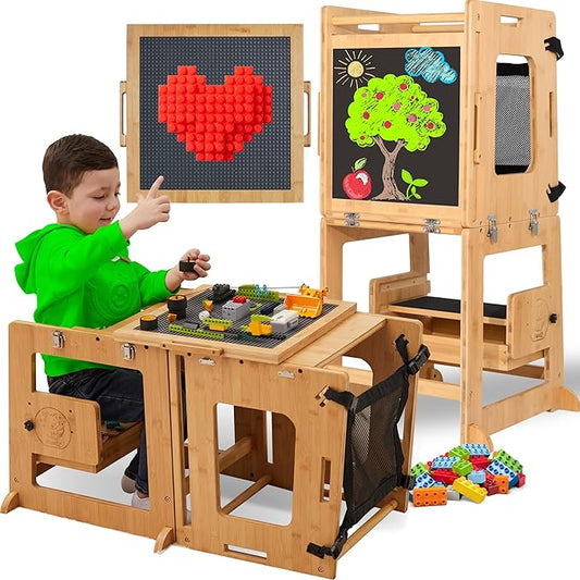 Montessori Inspired Bamboo 4 in 1 Convertible Toddler Tower with Storage and Safety Net, Foldable Learning Standing Tower, Activity Table and Step Stool for Toddlers 1-3