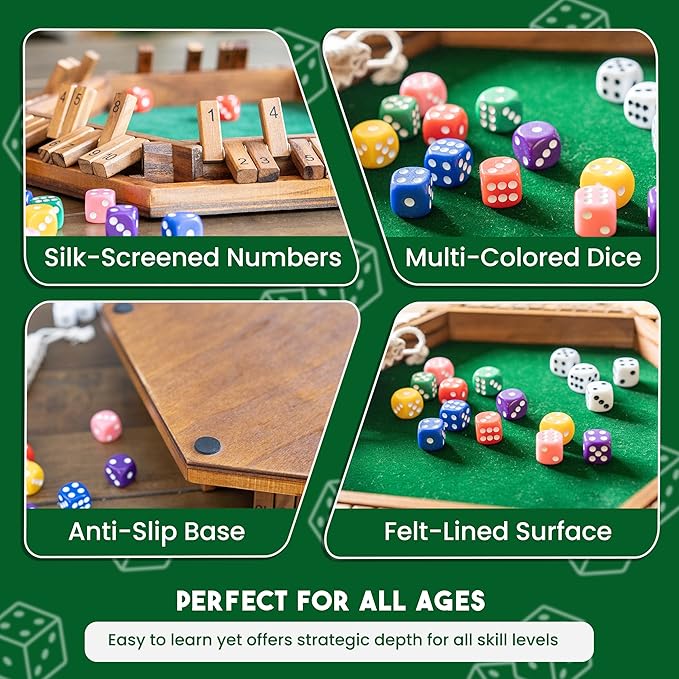 Sam & Evie Shut The Box Game for 1–6 Players | Close The Box Game Wooden with 16 Colorful Dices | Easy to Play Classic Board Games for Adults.Families and Kids
